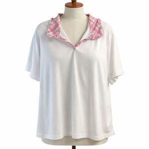 Alfred Dunner XL White Knit Top Pink Plaid Ruffle Collar Cottage Chic Size XL